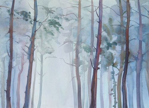 Fototapete Aquarell-Wald Blau Grau | 3,50 x 2,55 m 